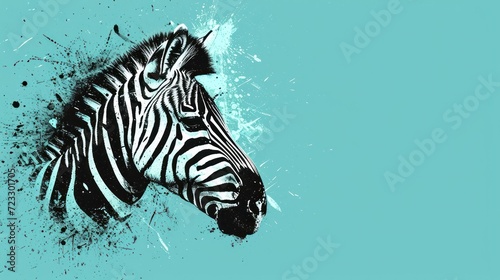  a close up of a zebra s head with a splash of paint on the back of the zebra s head  against a blue background of splashing water.