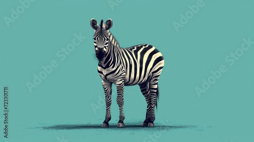  a zebra standing in the middle of a blue background with a black and white stripe on it s head and a black and white stripe on it s tail.