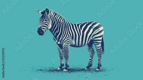  a black and white zebra standing on top of a blue ground with its head turned to the side and it s head turned to the side and it s left.