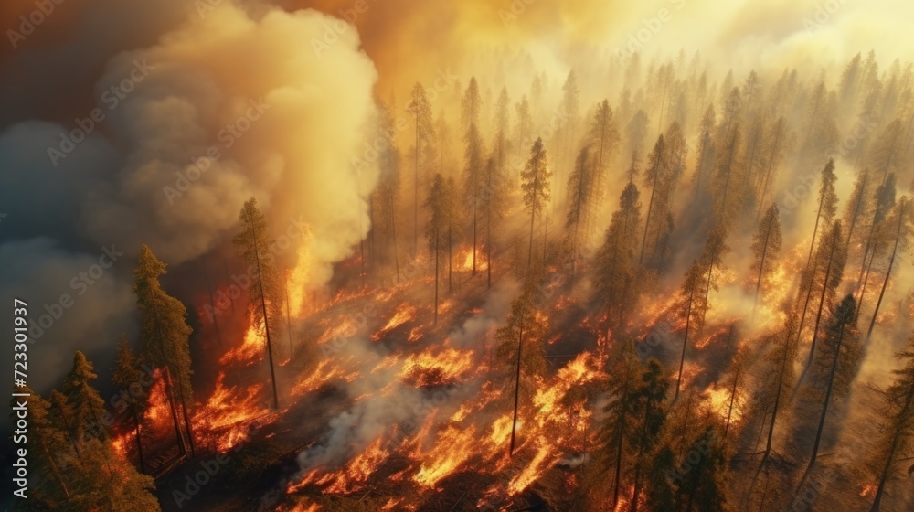 A fire burning through a forest filled with trees. Can be used to illustrate the destructive power of wildfires and the need for forest fire prevention