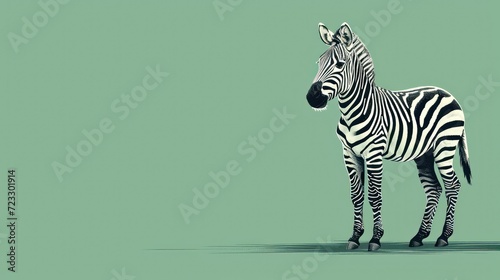  a black and white zebra standing on top of a grass covered field in front of a green wall and a black and white drawing of a zebra on the side of the wall.