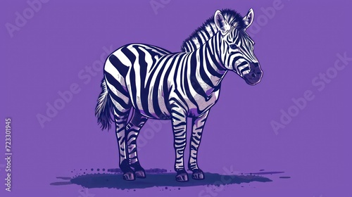  a zebra standing in the middle of a purple background with a black and white stripe on it s head and a black and white stripe on it s tail.