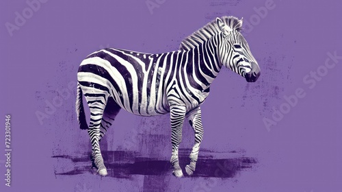 a black and white zebra standing on a purple and purple background with a black and white picture of it s head in the center of the zebra s body.