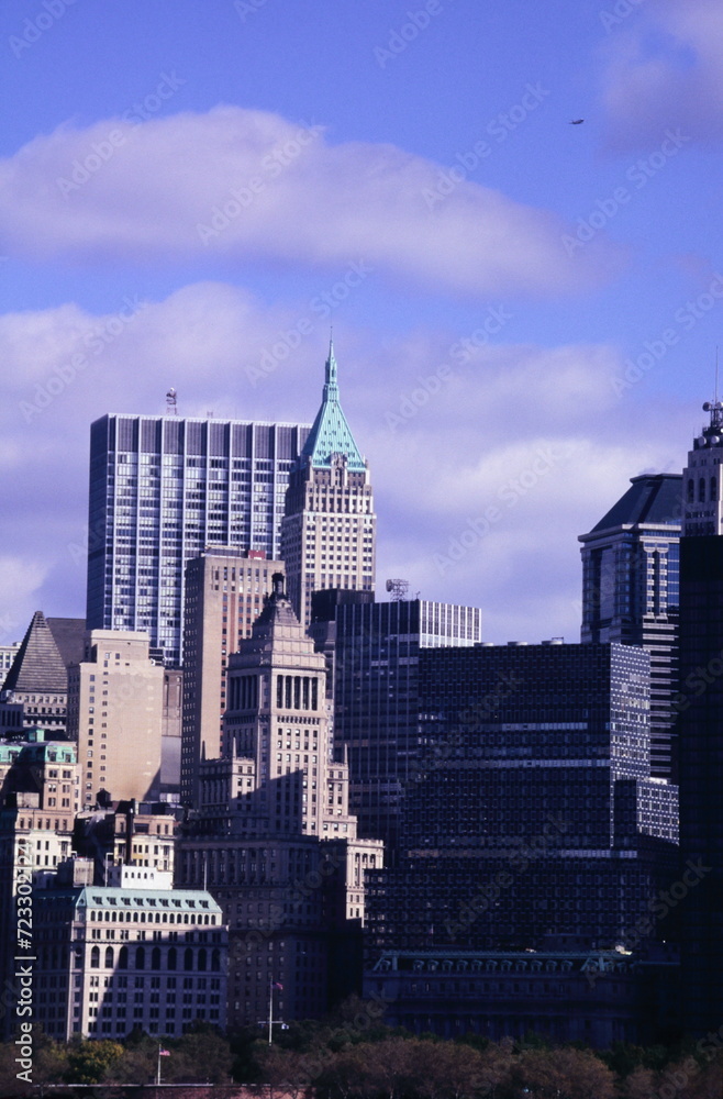 View of Lower Manhattan skyline with the Trump Building in New York City in early 1990s