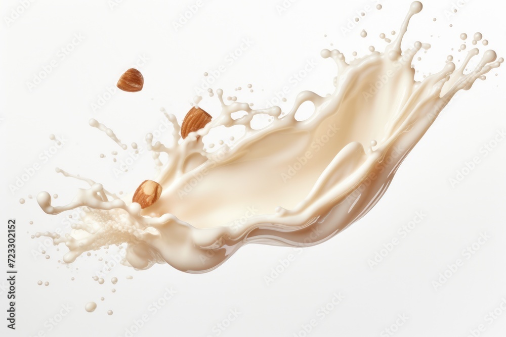 A visually pleasing image featuring a splash of milk and almonds on a clean white surface. Perfect for food and beverage-related projects, such as recipe books, blogs, or advertisements A visually pleasing image featuring a splash of milk and almonds on a clean white surface. Perfect for food and beverage-related projects, such as recipe books, blogs, or advertisements