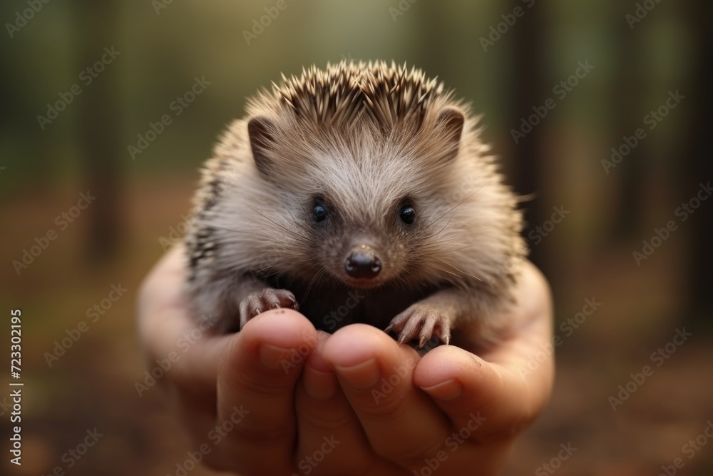 A person gently holding a small hedgehog in their hands. A person gently holding a small hedgehog in their hands.