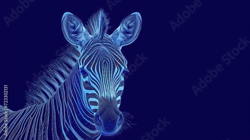  a close up of a zebra's head with a blue light coming out of it's chest and the head of the zebra's head is looking straight ahead.