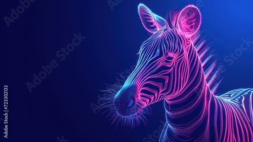  a close up of a zebra's head with a blue and pink light shining on the back of it's head and behind it's head, on a dark blue background.