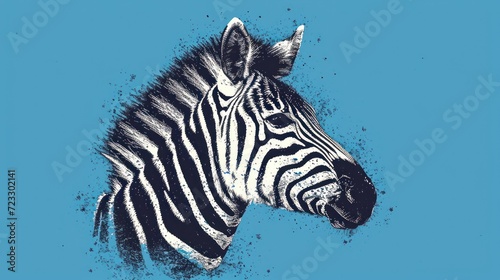  a close up of a zebra s head on a blue background with black and white paint splattered on the left side of the zebra s head.