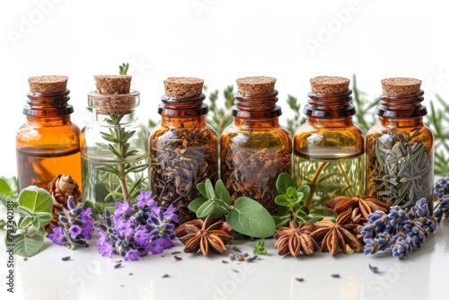 vials of essential oil and herbs on a white background. The concept of health