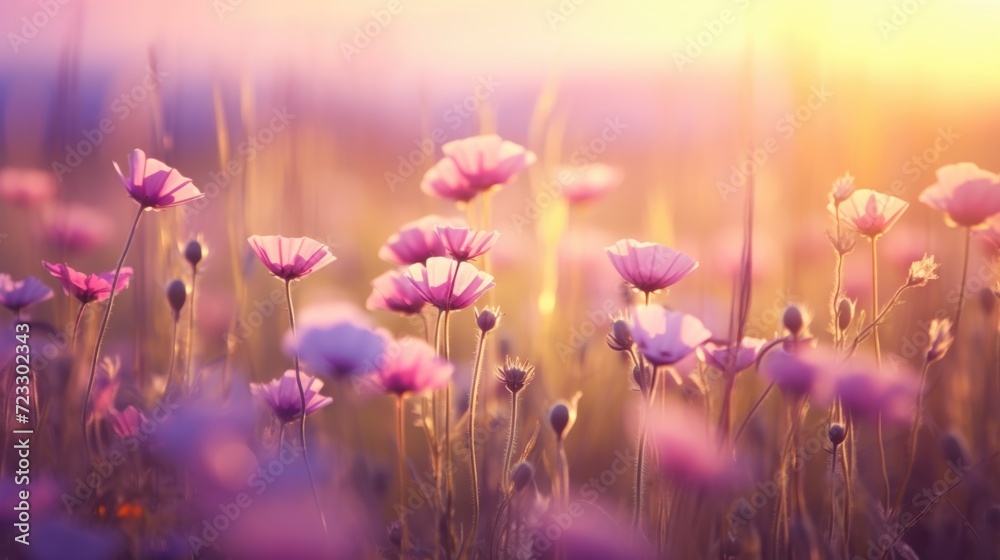 A stunning view of a field of pink flowers with the sun setting in the background. Perfect for adding a touch of beauty to any project