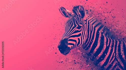  a close up of a zebra s head and body against a pink and blue background with a splash of dirt on the left side of the zebra s head.