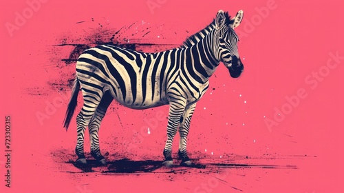  a zebra standing in front of a pink background with a splash of paint on the side of it s head and a black and white stripe on the side of the zebra.