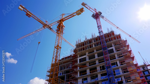 Sunny Day at Construction Site with Tower Cranes