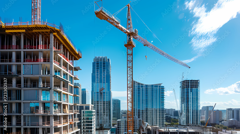 Fototapeta premium Tower Cranes at Work on a Sunny Day. Construction Site Project