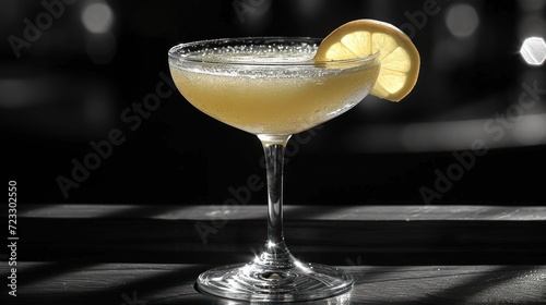  a close up of a drink in a wine glass with a slice of lemon on the rim of the glass and a light reflecting off of the glass in the background.