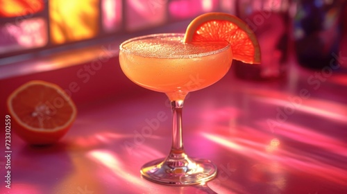  a close up of a drink on a table with a slice of an orange in the foreground and a bottle of booze in the back ground in the background.