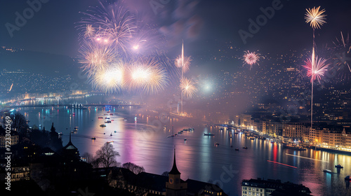 new year fireworks over Zurich city center with famous Fraumunster and Grossmunster Churches and river Limmat at Lake Zurich, Canton of Zurich, Switzerland photo