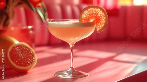  a close up of a wine glass on a table with a grapefruit and a grapefruit on the side of the glass and a vase with a grapefruit in the background.