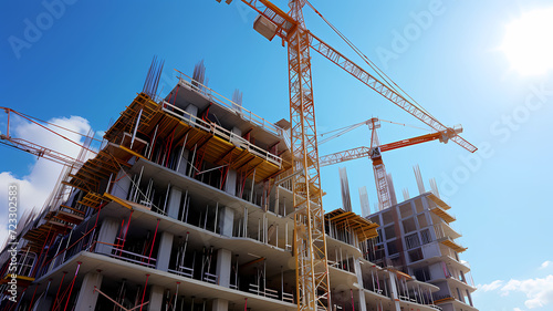 Sunny Day Construction. Building Project with Tower Cranes