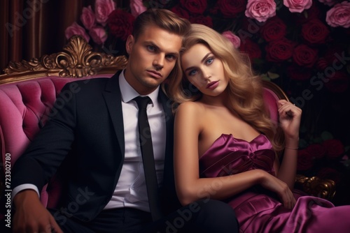 A picture of a man and a woman sitting together on a pink couch. Can be used to illustrate a couple spending time together or to represent a cozy home environment