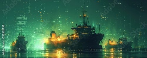 Transportation and logistics concept. Cargo ship in sea port at night