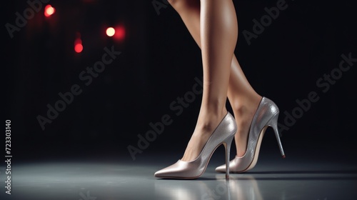 A close-up image of a woman's legs wearing silver high heels. Perfect for fashion or lifestyle-related projects