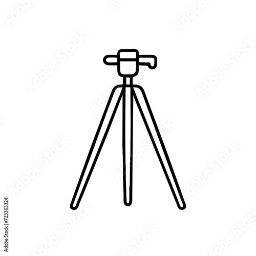 Tripod for camera or phone line art icon on three legs. Vector isolated on white