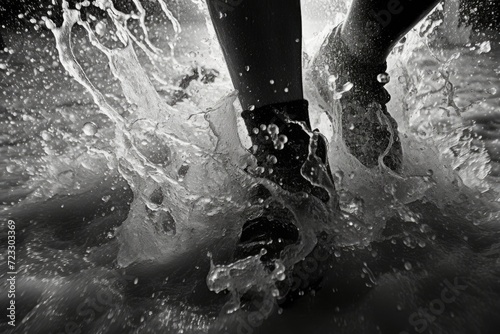 A black and white photo capturing the image of a person's feet submerged in water. Suitable for various uses