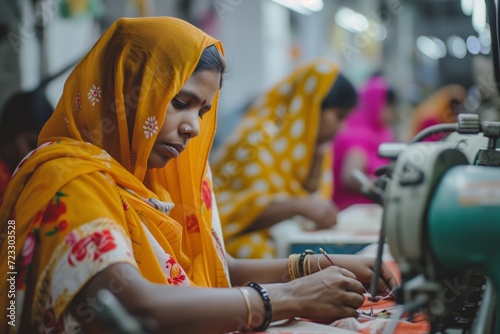 Indian Women Demonstrating Expert Sewing Skills In A Factory: Symmetrical Photo, Perfectly Centered With Copy Space