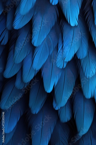 A close-up view of the intricate patterns and vibrant colors of blue bird feathers. Perfect for nature enthusiasts and bird lovers © Fotograf