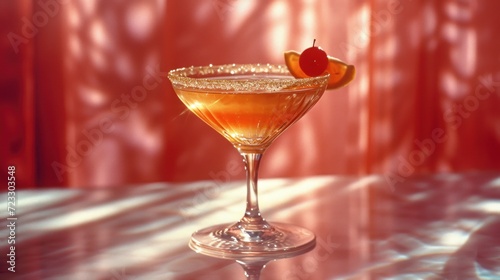  a close up of a drink in a glass with a cherry garnish on the rim and a shadow of a curtain behind it on a table with a red curtain.