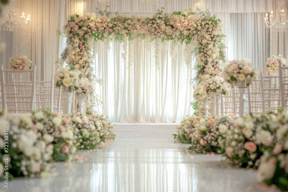 Exquisite Indoor Wedding Featuring Stunning Flower Arrangements As Backdrop Decorations, Offering A Picture-Perfect Symmetrical Setting With A Central Focus And Ample Copy Space Exquisite Indoor Wedding Featuring Stunning Flower Arrangements As Backdrop Decorations, Offering A Picture-Perfect Symmetrical Setting With A Central Focus And Ample Copy Space