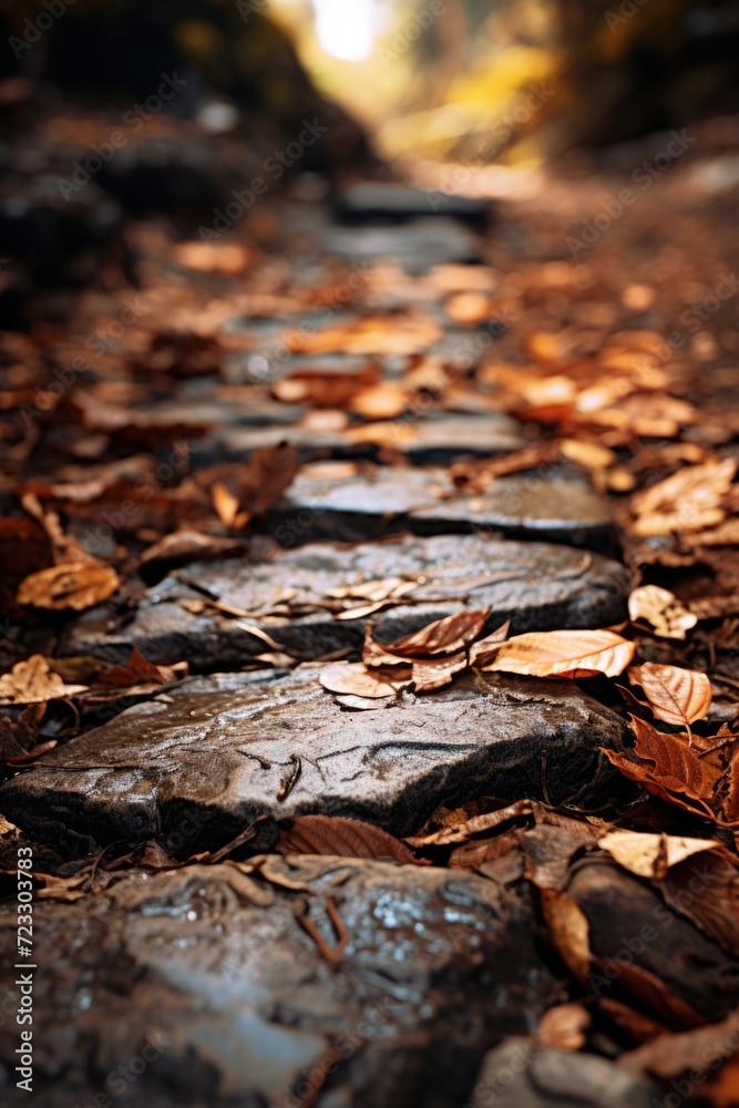 A picturesque cobblestone path covered in fallen leaves. Perfect for adding a touch of autumn charm to any design