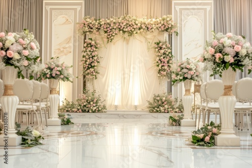 Exquisite Indoor Wedding With Stunning Floral Backdrop, Serene Centered Photo Composition, And Ample Copy Space