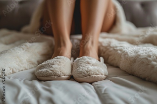 Close up of woman s feet in comfy slippers on bed at home