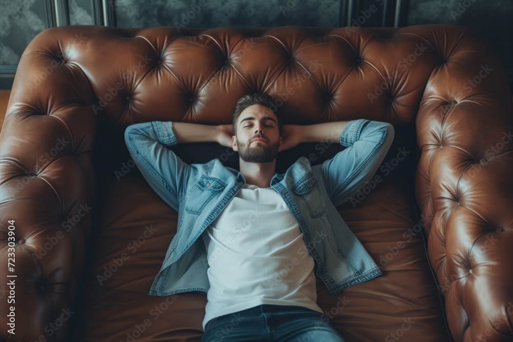 Relaxed Man Enjoying Welldeserved Break, Reclining On Sofa After Work Relaxed Man Enjoying Welldeserved Break, Reclining On Sofa After Work