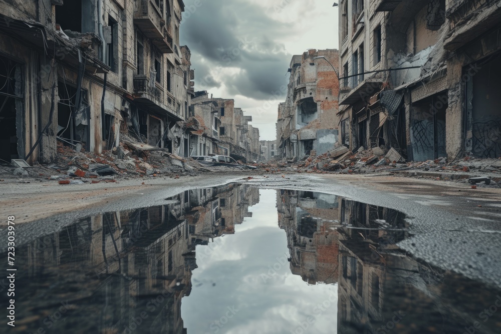 Symmetrical Photo Of Ruined Cityscape, Symbolizing Devastating Conflict And Destruction, With Copy Space
