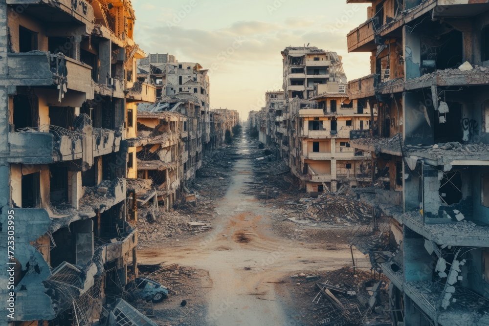 Devastated Cityscape: Symmetrical Photo Of Ruined Buildings After Conflict, Centered Composition With Copy Space Devastated Cityscape: Symmetrical Photo Of Ruined Buildings After Conflict, Centered Composition With Copy Space