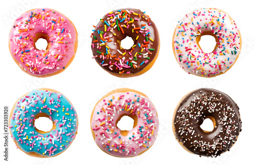 Collection of round donut doughnut, glazed sprinkles set, top view on transparent background cutout, PNG file. Many assorted different. Mockup template for artwork	

