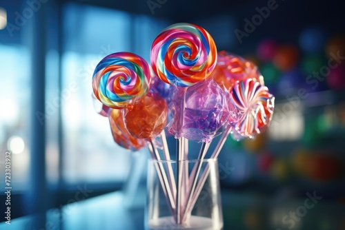 Colorful lollipops arranged in a glass vase. Perfect for sweet treats or candy-themed events
