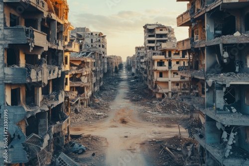 Devastated Cityscape: Symmetrical Photo Of Ruined Buildings After Conflict, Centered Composition With Copy Space