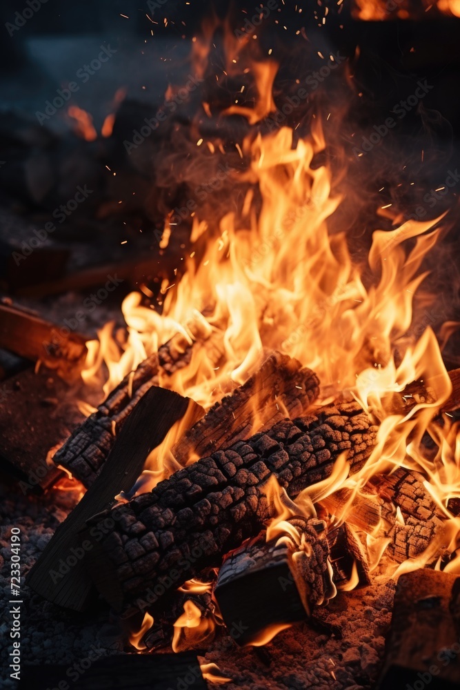 A close-up view of a fire with intense flames. This image captures the vibrant and dynamic nature of fire. Perfect for illustrating concepts related to heat, energy, danger, and intensity. A close-up view of a fire with intense flames. This image captures the vibrant and dynamic nature of fire. Perfect for illustrating concepts related to heat, energy, danger, and intensity.