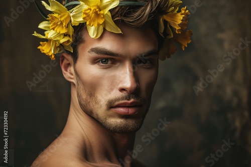 Man wearing a wreath of narcissus photo