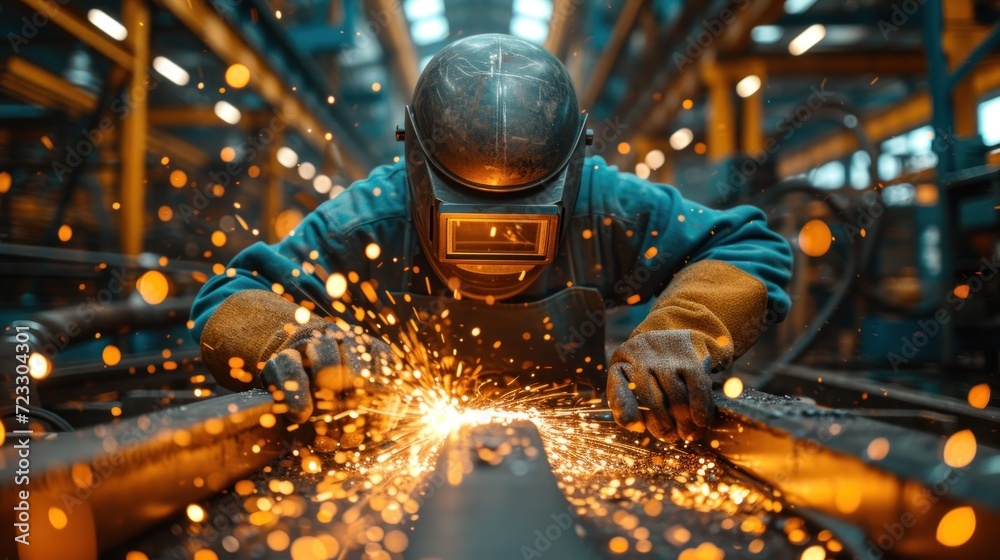  a welder working on a piece of metal in a factory with lots of sparks coming out of his hands.