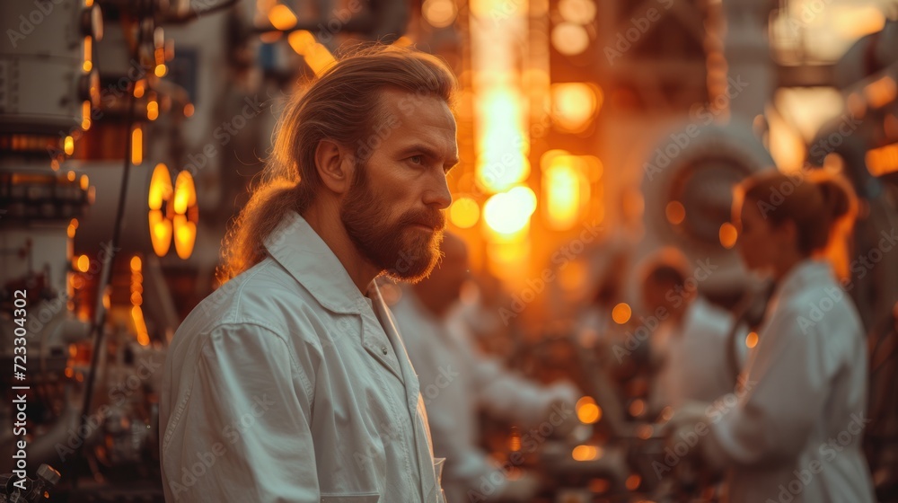  a man with long hair and a beard standing in front of a group of other men in white lab coats.