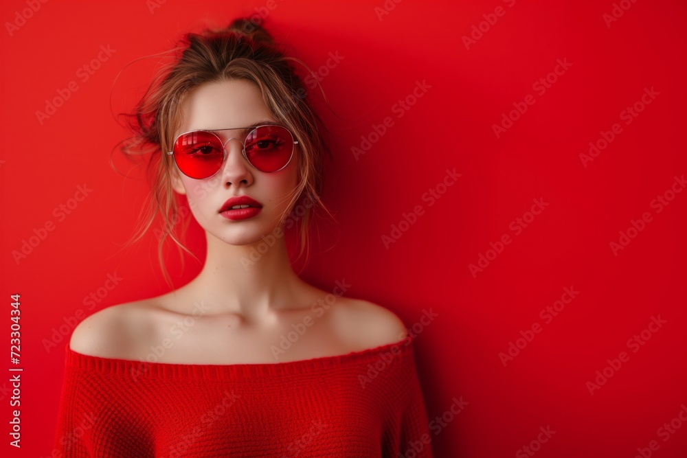 Stylish Young Woman In Red Shades Flaunts Her Casual Fashion And Confidence Stylish Young Woman In Red Shades Flaunts Her Casual Fashion And Confidence