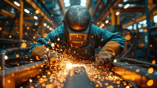  a welder working on a piece of metal in a factory with lots of sparks coming out of his hands. © Jevjenijs