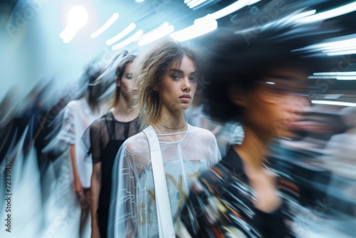 Fashion Show Highlights Elegant Models, Capturing Perfectly Symmetrical Shot With Blurred Background And Centered Composition