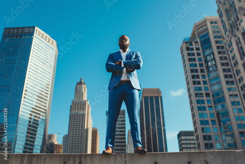 Ambitious African American Businessman Symbolizes Success And Financial Triumph With Perfectly Aligned City Skyline As Background